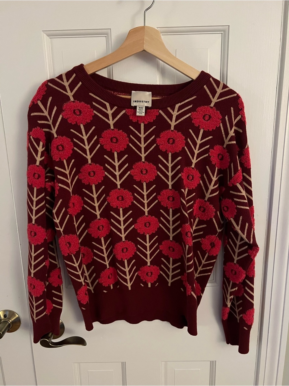 Industry Anthropologie Burgundy Crewneck Sweater with Pink Floral Motif